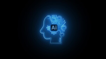 Wall Mural - Neon Neural Brain Symbol for AI. Futuristic Neon AI Brain with Circuit Details. Glowing Neon Brain Icon for Smart Technology.
