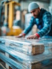 Poster - Worker Securing Pallet With Wrap Film in Warehouse During Daytime
