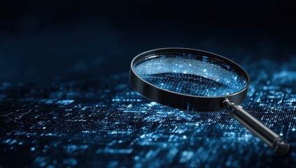 Magnifying Glass Over Blue Digital Data; Abstract Technology Concept
