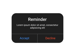 dark reminder pop up ui design with accept and decline buttons on a transparent background for mobil