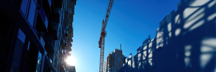 Poster - Tower Crane Casting Shadow on New Building Facade During Daylight in Urban Construction Site