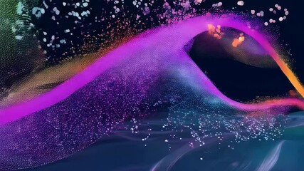 Abstract dynamic graphic animation of colorful light dots and particles flowing in seamless undulating waves on a dark backdrop