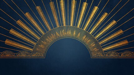 Wall Mural - Golden art deco sunburst design on a dark blue background with radiating lines and semicircular patterns