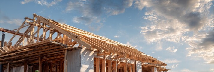 Poster - Roof Construction Process on a Residential Building Against a Backdrop of Soft Clouds in the Sky During Daylight