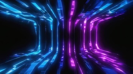 Wall Mural - Abstract video of neon light waves in blue and pink on a black background, captured from a side angle, dynamic and fluid visual effect. Live desktop wallpaper