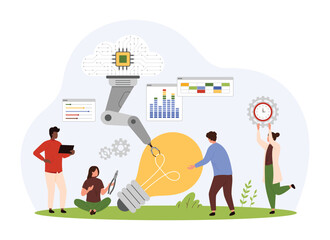 Tech insight and digital innovation development, lab construction of technical idea or project. Tiny people and robot with circuit cloud connection work on light bulb cartoon vector illustration