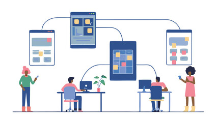Illustration of people working with connected devices and screens in a network environment setup