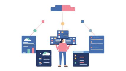 Illustration of a person holding multiple screens connected to a cloud with data visualizations shown