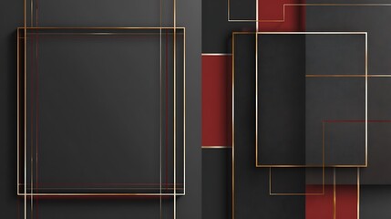 Wall Mural - Abstract background featuring gray and red rectangles with gold line accents and square frames