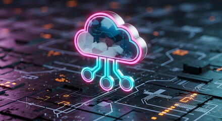 Neon Cloud Icon on Digital Background.
