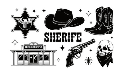 modern vector illustration of wild west-themed icons in a vintage monochrome style, easily scalable 