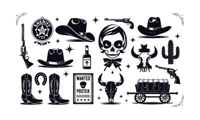 modern vector illustration of wild west-themed icons in a vintage monochrome style, easily scalable 