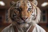Close-up of a tiger wearing a martial arts uniform.
