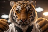 Tiger in a martial arts uniform, preparing to strike.