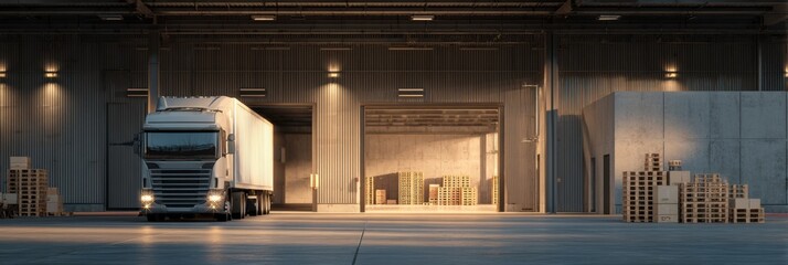 Poster - Warehouse Entrance Illuminated by Soft Light With a Truck and Pallets Ready for Loading in the Evening