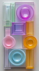 Wall Mural - An abstract geometric composition of a transparent shapes - circles, rectangles, and lines - in mint green, light blue, soft yellow, and pink.