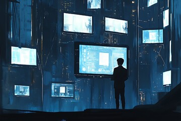 Wall Mural - Futuristic Digital Interface Displayed on Multiple Screens in a High-Tech Urban Environment