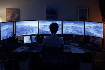 Wall Mural - immersive multi-screen workstation with six monitors in a modern dark-themed workspace for efficient