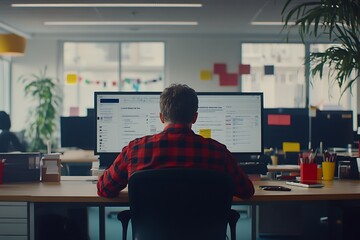 Wall Mural - Explore a Modern Office Setting with Focused Employee at Desk Utilizing Dual Monitors for Enhanced Productivity in a Contemporary Work Environment