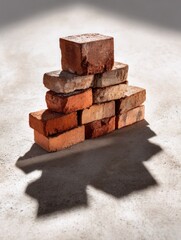 Fototapete - Stack of Red Bricks Casting a Long Shadow on a Clean Concrete Surface With Visible Weathering and Texture