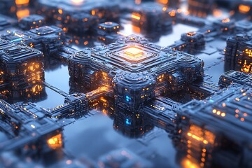 Wall Mural - futuristic circuit board with neon lights and advanced microchip design reflecting technological inn