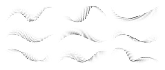 Aufkleber - Abstract dotted halftone waves collection. Black and white digital wavy dot, twisted wave line and halftone gradient pattern. Elements on white background for business, education and technology.