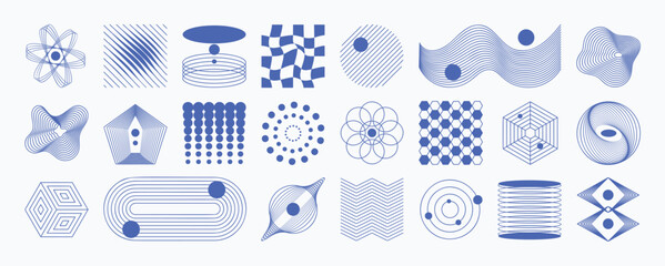 Poster - Abstract minimal element mid century vector set. Aesthetic contemporary stripe line art, geometric shape in blue. Art form design for wall art, decoration, wallpaper. 