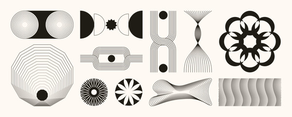 Aufkleber - Abstract minimal element mid century vector set. Aesthetic contemporary stripe line art, geometric shape in monochrome. Art form design for wall art, decoration, wallpaper. 