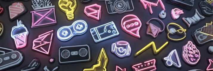 Aufkleber - Retro 80s Style Neon Sticker Pack Displayed on a Dark Surface With Vibrant Colors and Illuminated Details Creating a Nostalgic Atmosphere