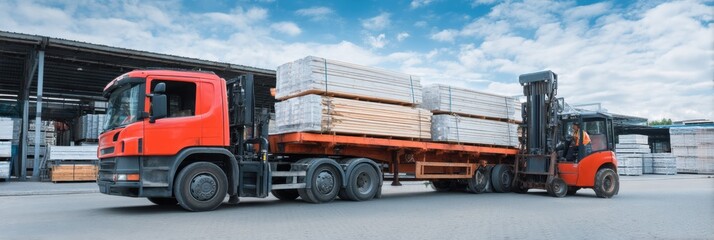 Leinwandbilder - Truck Transporting Building Materials Lifted by Forklift in a Clean and Bright Construction Area