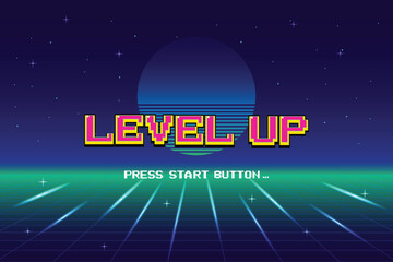 Wall Mural - level up. pixel art .8-bit game. retro futurism sci-fi background. glowing neon grid. and stars from