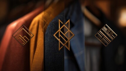 Fototapete - Stylized Logo Design Showcasing Clothing Textures Against a Blurred Backdrop of Fabric Hanging on a Rack in an Elegant Fashion Setting