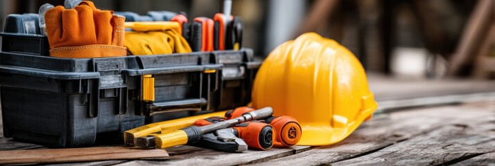 Poster - Toolbox With Tools and Hard Hat Positioned on Wooden Surface for Construction Task Preparation