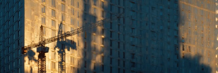 Poster - Tower Crane Shadow Cast on New Building Facade in Evening Light