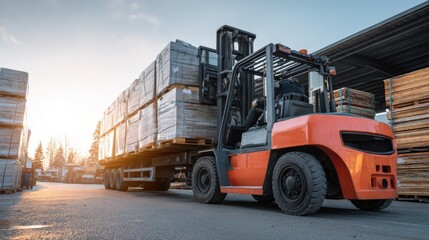 Poster - Forklift Loads Building Materials Onto Truck at Construction Site During Daytime