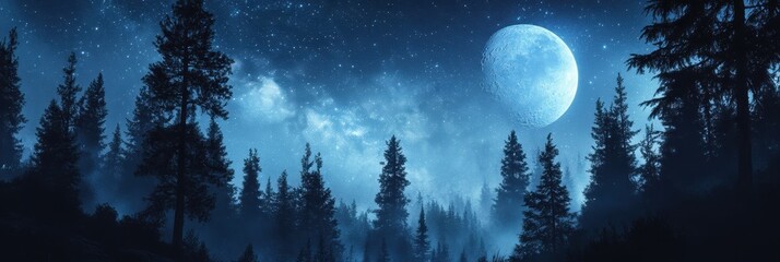 Wall Mural - Enchanting Nocturnal Woods: Milky Way and Moon Illuminating a Starry Landscape