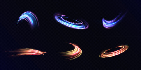 Leinwandbilder - Collection of vector curved glowing light swirls with neon glow on dark background. Light effect for game interfaces, magic spell visual effects.