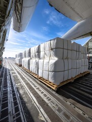 Leinwandbilder - Stretch-wrapped Insulation Rolls on Cargo Platform Ready for Transport in Clear Weather