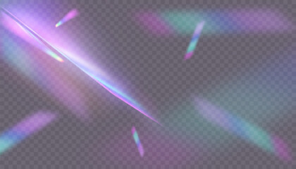 Fototapete - Rainbow light rays, lens flare, reflection effect from crystal, glass or gem. Vector realistic illustration set of light leak effect with spectrum glare, prism refraction, lens flare	
