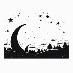 Wall Mural - serene lunar nightscape with celestial stars and woodland trees silhouette
