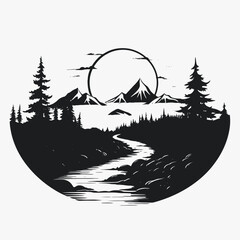 Wall Mural - serene mountain river landscape, framed by trees in minimalistic vector silhouette