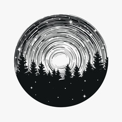 Wall Mural - starry night forest cosmic circles and tree line silhouette