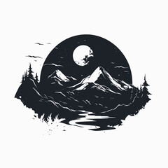 Wall Mural - mountains landscape moon night stars trees river nature scenic black white illustration art graphic 
