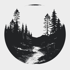 Wall Mural - forest landscape trees river nature mountains outdoors scenic monochrome grayscale black and white a