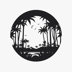 Wall Mural - tropical palm trees silhouette landscape island ocean moon birds circle black white vacation paradis