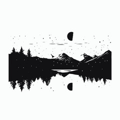 Wall Mural - black and white mountain landscape with lake reflection under the moon and stars graphic design art 