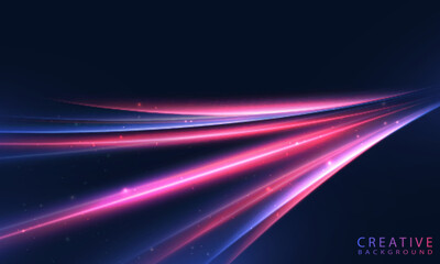 Aufkleber - Neon effect of high-speed light flow of red and blue glow on dark background with glitter. Vector background for high-tech interfaces, digital wallpapers, posters or visual effects.