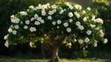 Blooming beauty: A white gardenia tree bathed in gentle sunlight and dark background