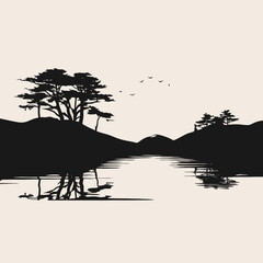 Wall Mural - sunset landscape trees reflection water nature scenic mountains birds silhouette peaceful serene tra