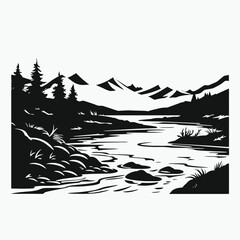 Wall Mural - River landscape mountains trees nature water rocks black white scenic outdoors beautiful illustration silhouette